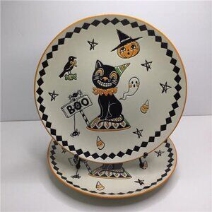 2 Halloween Side Salad Plates Creep Show Bat Jack O Lantern New Eli + Ana